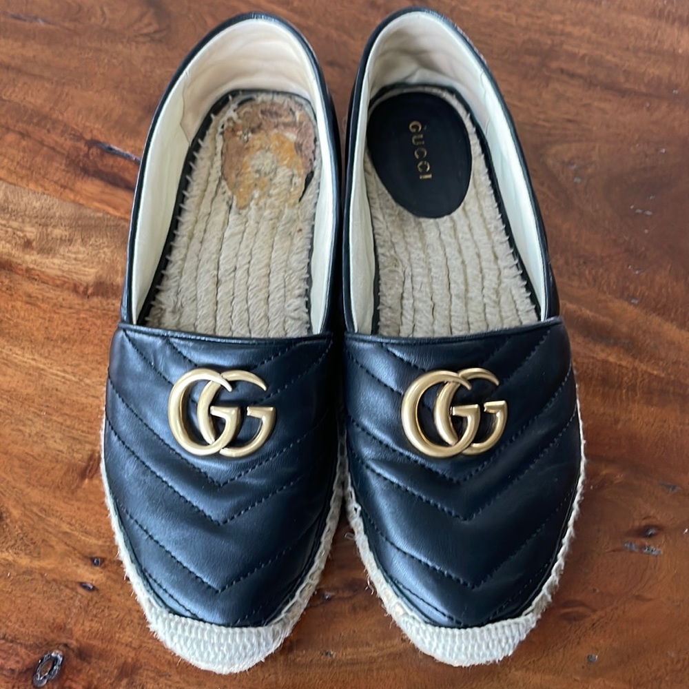 Gucci Black Quilted Leather Espadrille Slippers with Gold GG